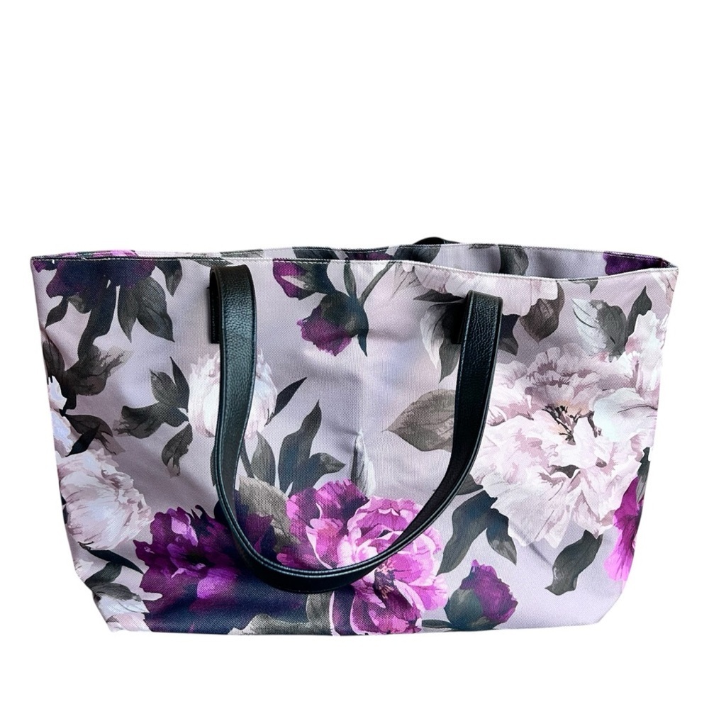 Lulu Dharma Floral Fabric Large Tote Bag with Black Leather Handles